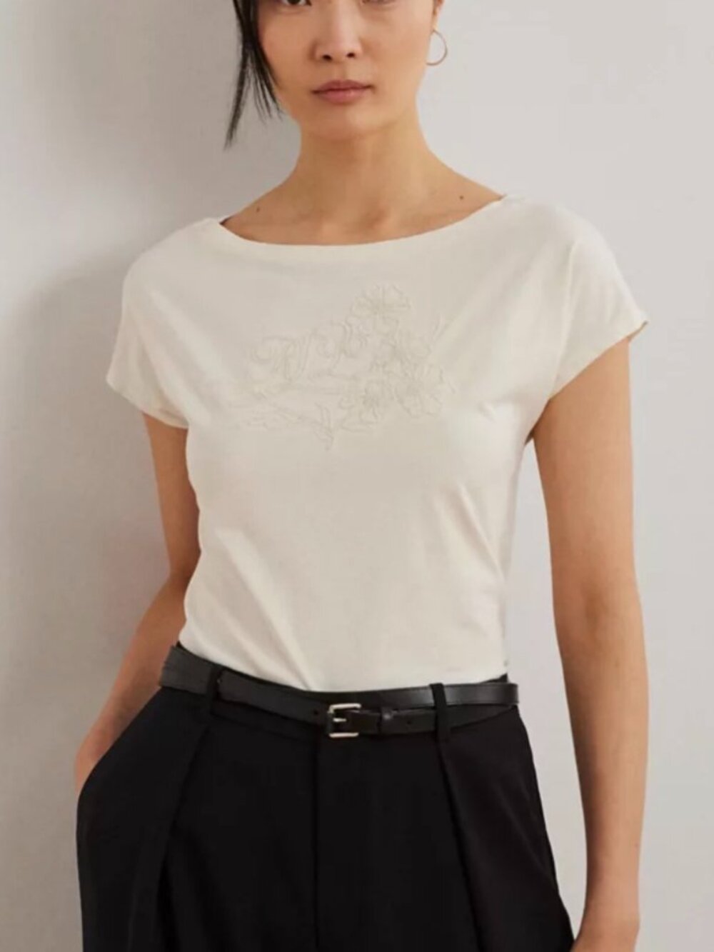 🤍✨ NWT - Ralph Lauren Women's Embroidered Jersey T-Shirt - Winter Cream
